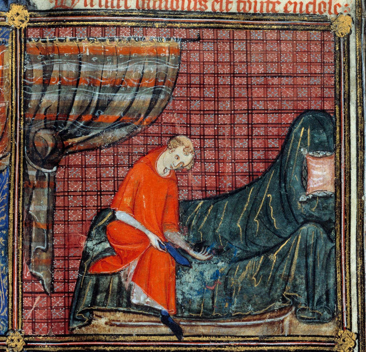 Marzenie, detal: sukienki The Lover. Miniatura w „”Roman de la rose”” Jean de Meun, Jean de Meung lub Jean Chopinel, Jean Clopinel (v.1240-1305), ok. 1370. Chantilly, Musee Conde autorstwa French School