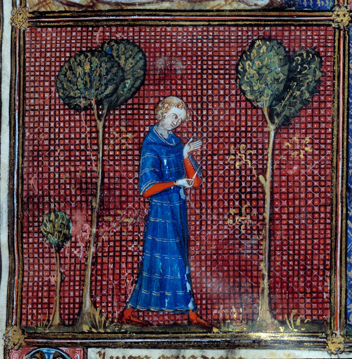 Sen, szczegóły: Kochanek szyjący rękaw koszuli. Miniatura w "Roman de la rose" autorstwa Jean de Meun, Jean de Meung lub Jean Chopinel, Jean Clopinel (v.1240-1305), ok. 1370. Chantilly, Musee Conde autorstwa French School