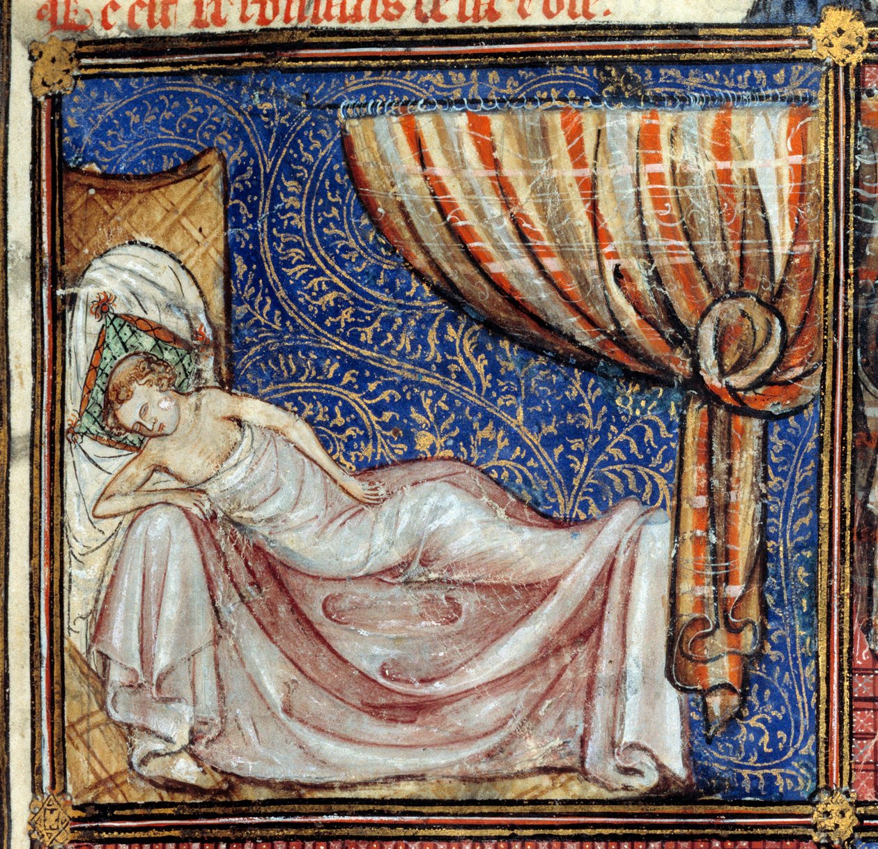 Sen, szczegóły: Śpiący kochanek. Miniatura w "Le Roman de la rose" autorstwa Jean de Meun, Jean de Meung lub Jean Chopinel, Jean Clopinel (v.1240-1305), ok. 1370. Chantilly, Musee Conde autorstwa French School