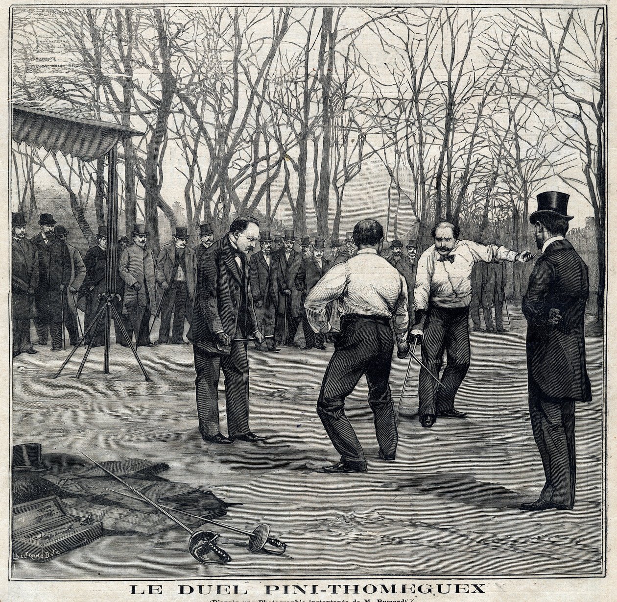Pojedynek mistrzów broni Pini i Thomeguex w Parc de Saint Ouen (Saint-Ouen). W „Le Petit Parisien” z dnia 28.03.1897. autorstwa French School