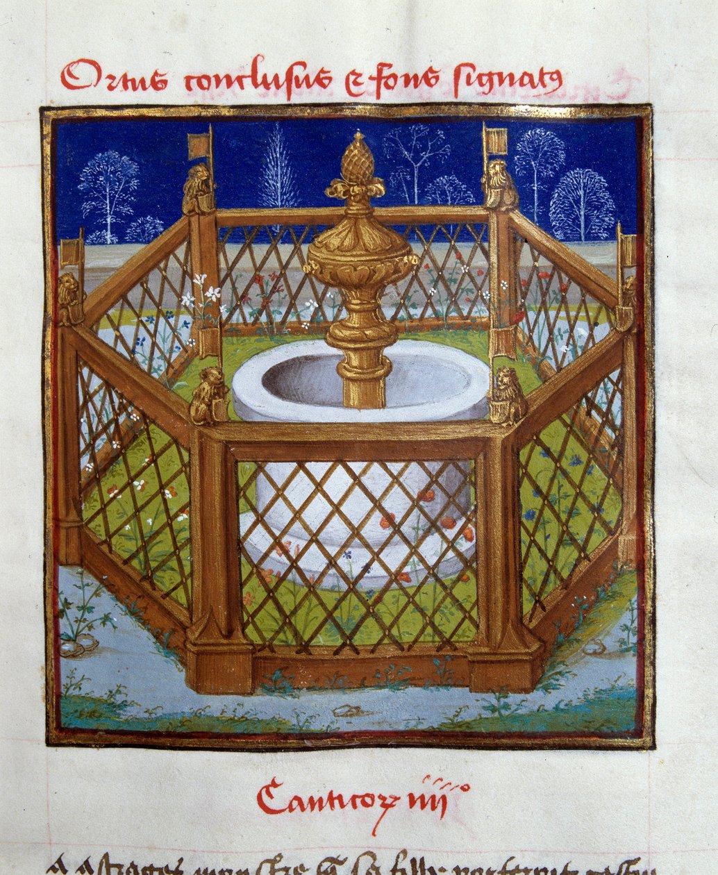 Ogrodzony ogród i miniatura zapieczętowania fontanny od Mistrza z Dreux-Bude (Dreux Bude) (Andre d