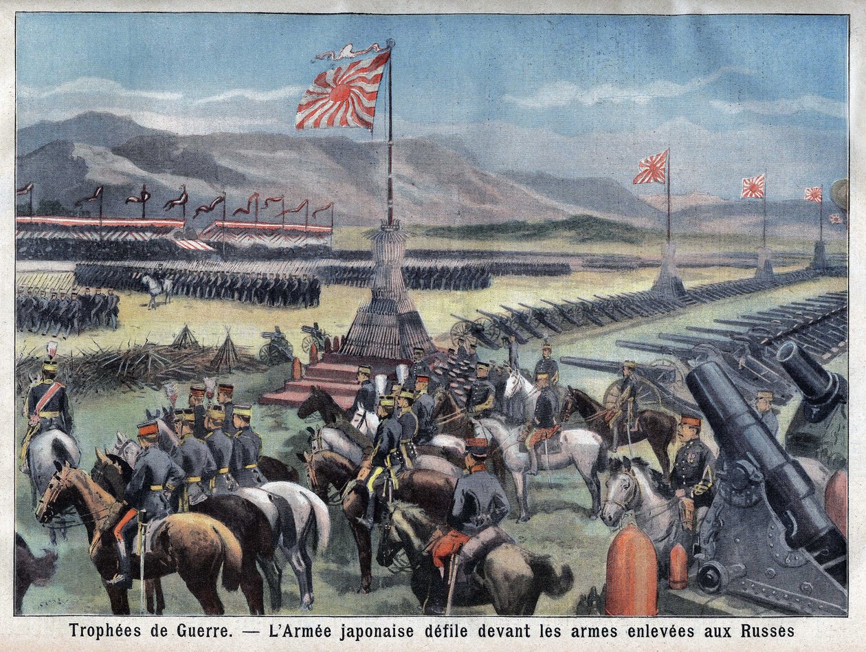 Zakończenie japońskiego konfliktu rosyjskiego, zwycięska armia japońska siedzi przed rosyjskim przejęciem broni, w „Le Petit Parisien”, 24.06.1906 (rycina) autorstwa French School