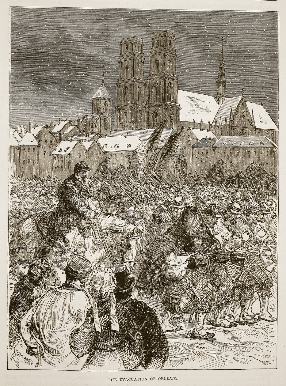 Ewakuacja Orleanu, grudzień 1870, ilustracja z Historii wojny Cassells między Francją a Niemcami, 1870-1871 autorstwa French School