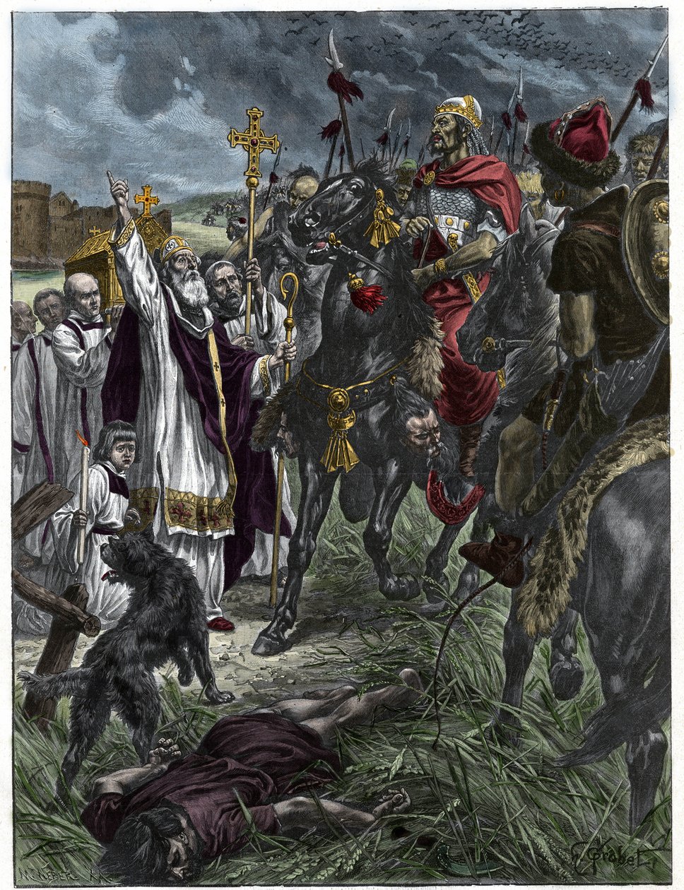 W wigilię św. Loup z Troyes arretes Attila król Hunów przed Troyes - Barbarian Invasions - Grawerowanie według obrazu H. Groberta. autorstwa French School