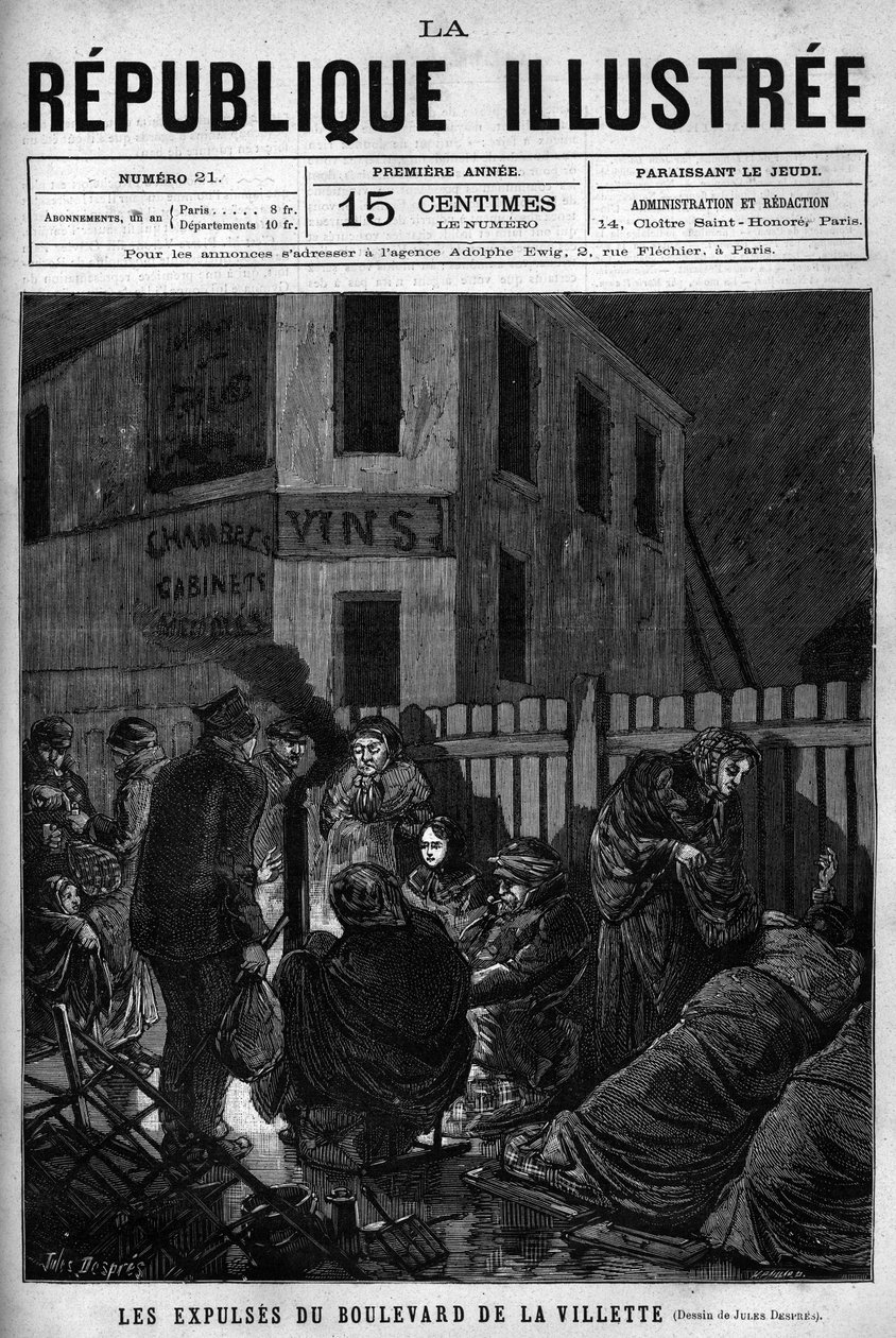 Eksmisje z Boulevard de la Villette: robotnicy wygnani z paryskiego miasta muszą spać na ulicy (S.D.F.). Gazeta. Rycina z 1880 r. w prywatnej kolekcji „La republique illustree”. autorstwa French School