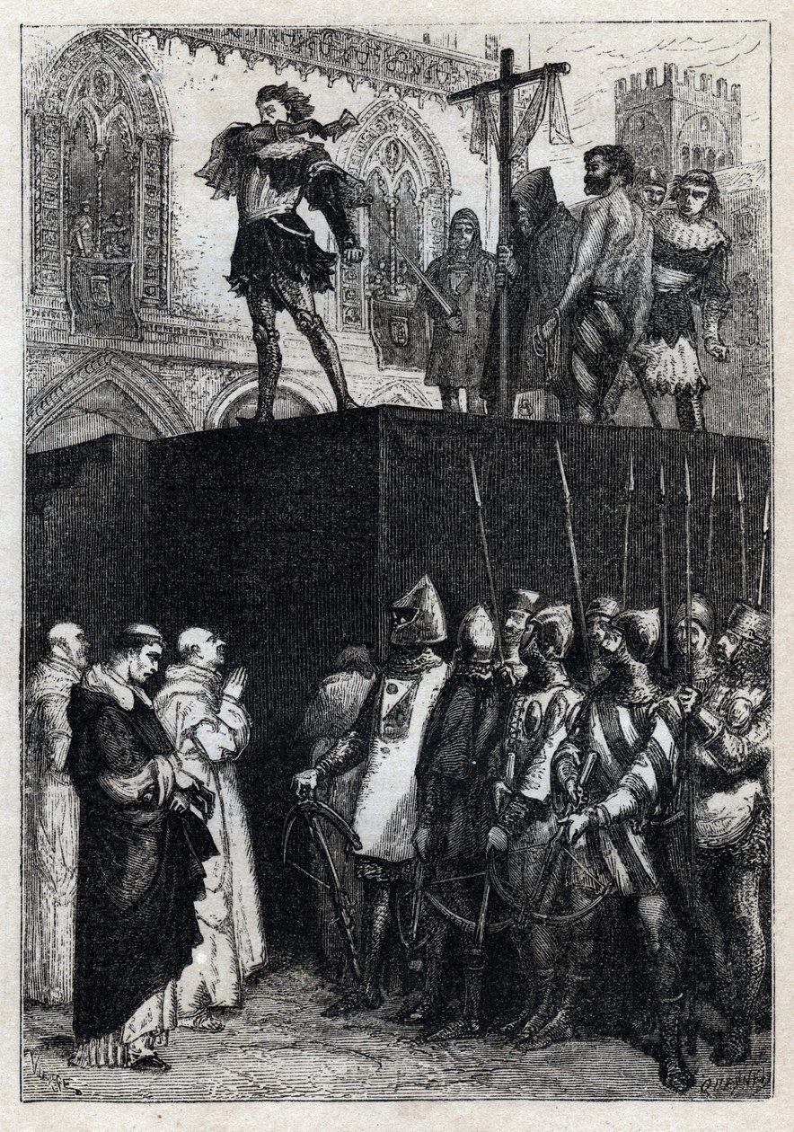 Egzekucja Konradana (lub Konrada Hohenstaufów), króla Sycylii i księcia Szwabii (1252-1268) z rozkazu Karola Anjou po bitwie pod Tagliacozzo w 1268 r.” Sycylii, po autorstwa French School