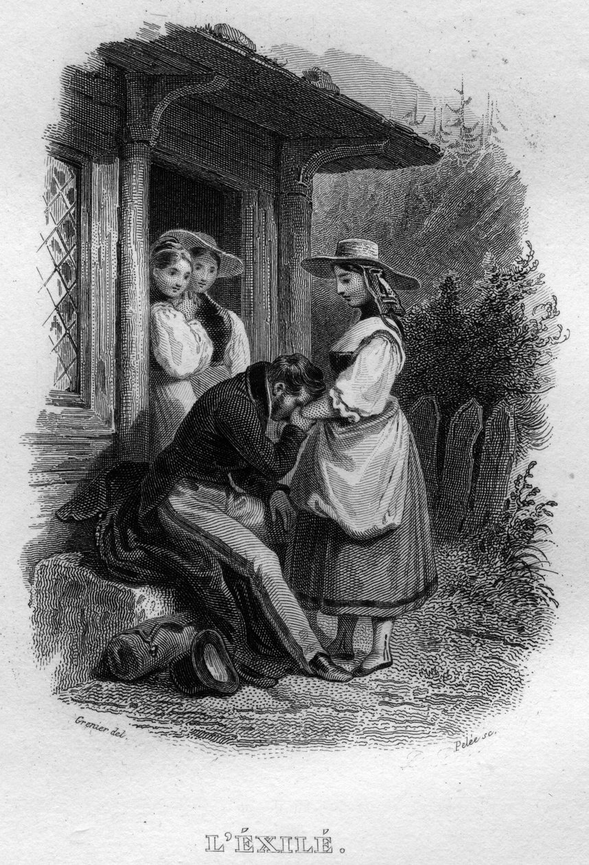 Wygnanie Chanson de Beranger w „” Dzieła zakończone”” (1834) Pierre Jean de Beranger (1780-1857), francuski poeta i autor tekstów. autorstwa French School