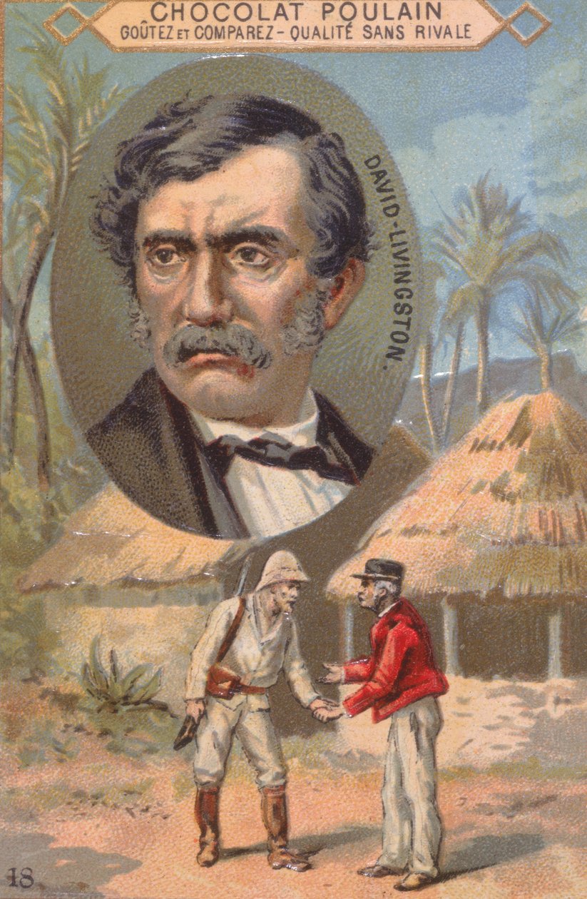 Odkrywca David Livingstone (1813-73) i jego spotkanie ze Stanleyem (1840-1904) w Ujiji w dniu 27 października 1871 roku, karta handlowa reklamująca czekoladę Poulain autorstwa French School