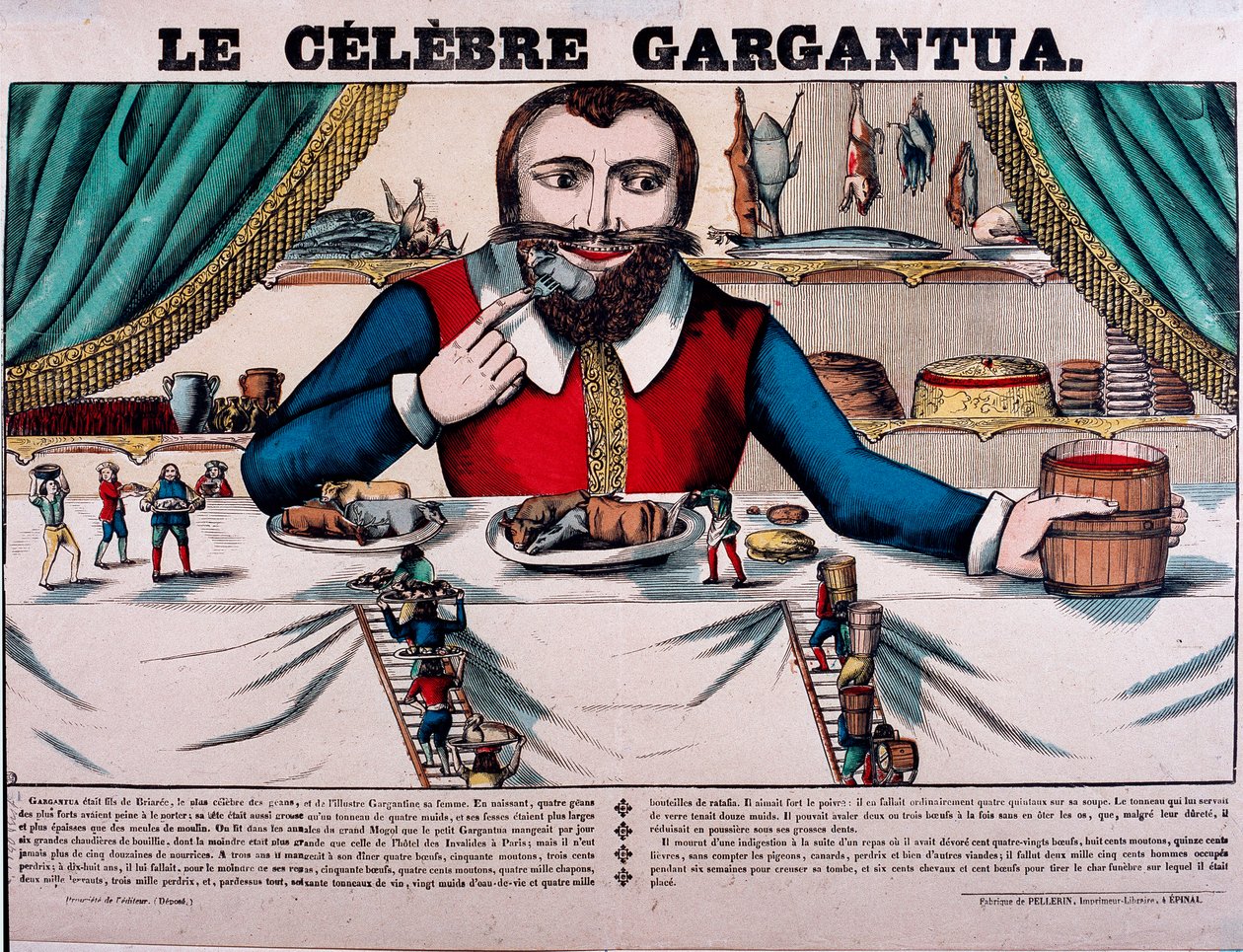Słynna postać Gargantua z powieści Francois Rabelais (1494-1553), francuskiego pisarza. Gargantua ma duży baldachim i ma wszelkiego rodzaju naczynia. Obrazowanie epinal z XIX wieku - autorstwa French School