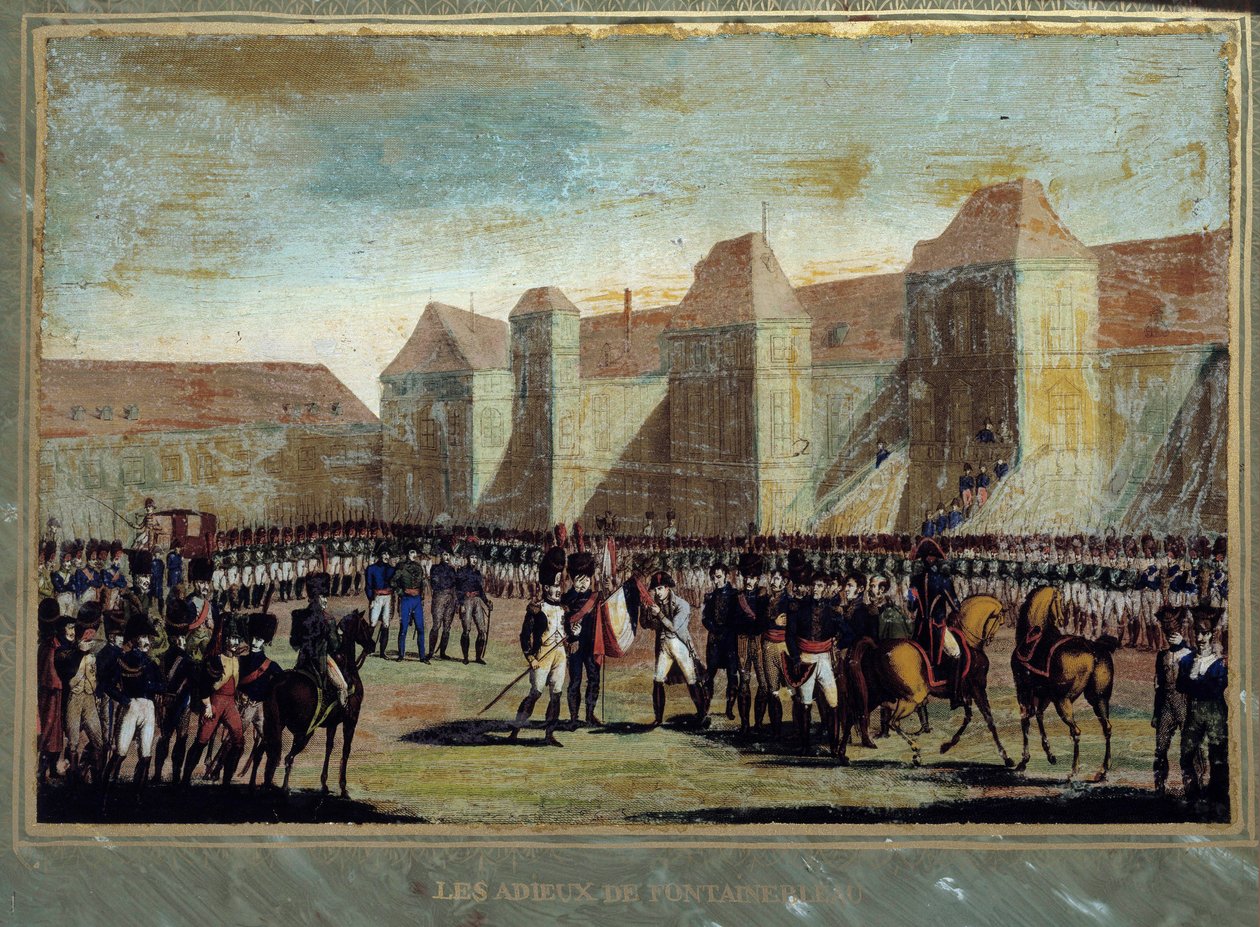 Pożegnanie Napoleona Bonaparte (1769-1821) ma cesarską straż na dziedzińcu Cheval Blanc w Fontainebleau 20.04.1814. Anonimowe malowanie. 1814 Wyspa Aix, muzeum napoleońskie autorstwa French School