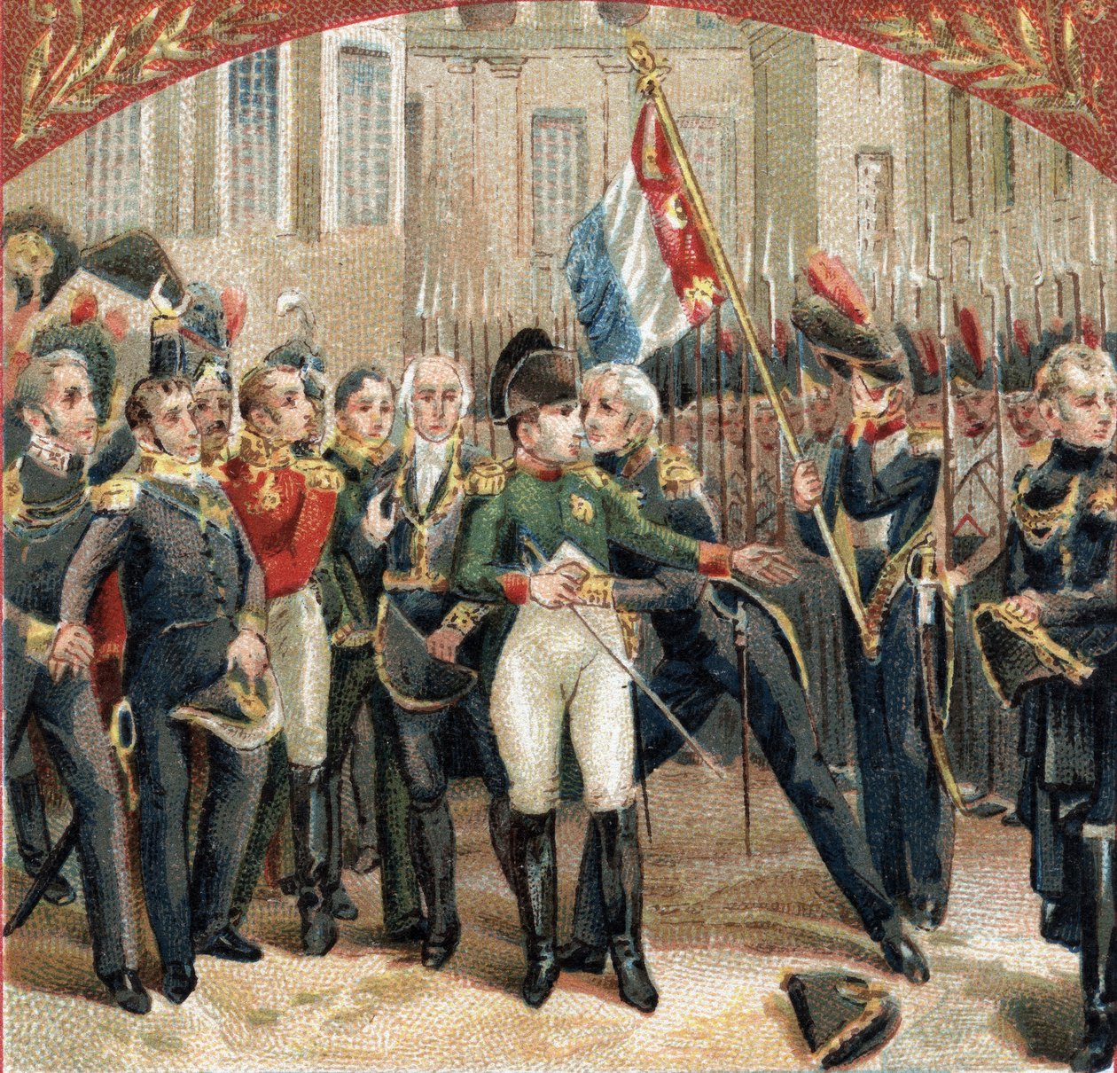 Pożegnanie Napoleona Bonaparte (1769-1821) ma cesarską straż na dziedzińcu Cheval Blanc na zamku Fontainebleau w dniu 20.04.1814. Chromolitografia z końca XIX wieku autorstwa French School