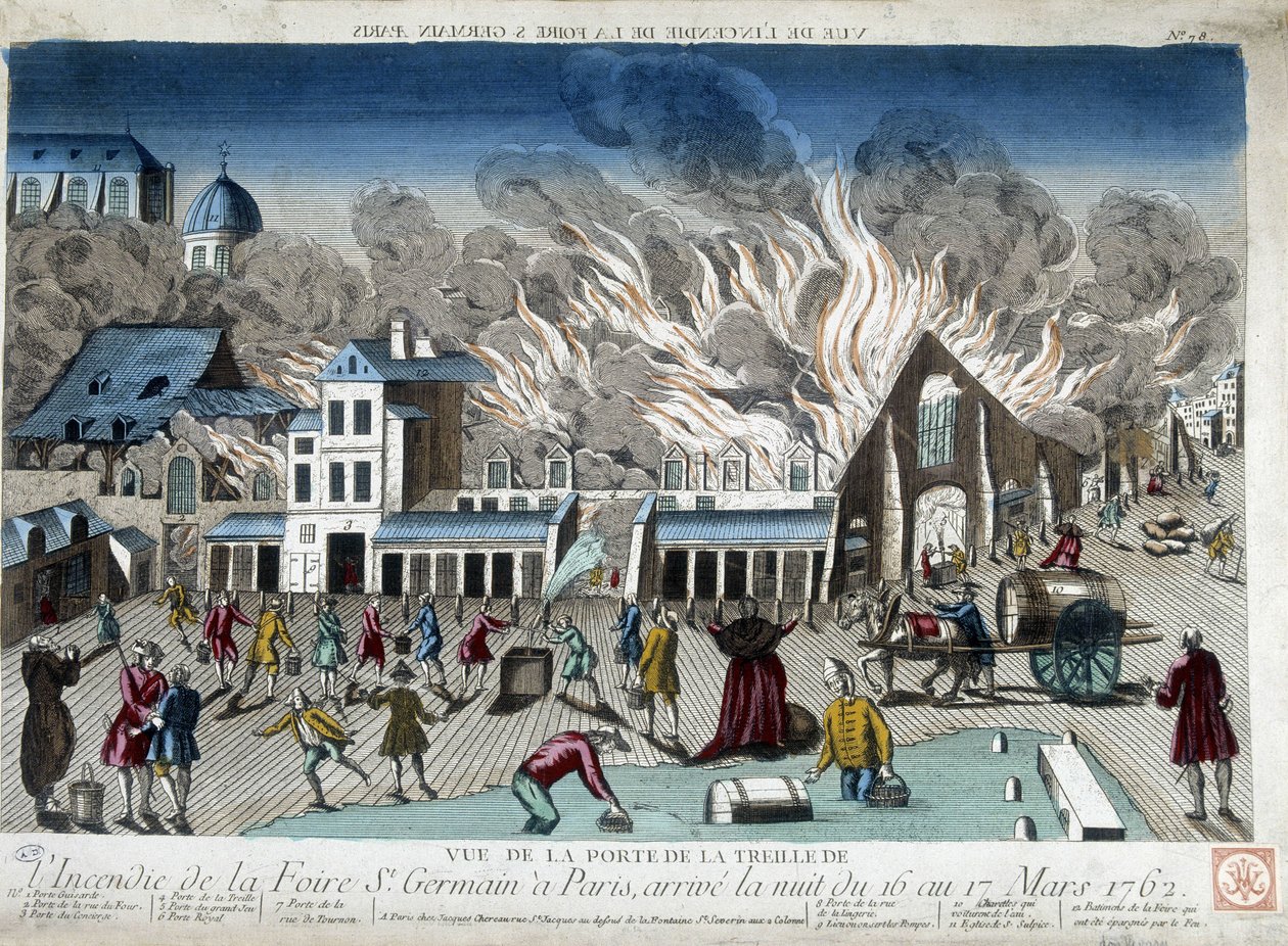 Pożar jarmarku St Germain w Paryżu, noc z 16 na 17 marca 1762 r. - rycina autorstwa French School