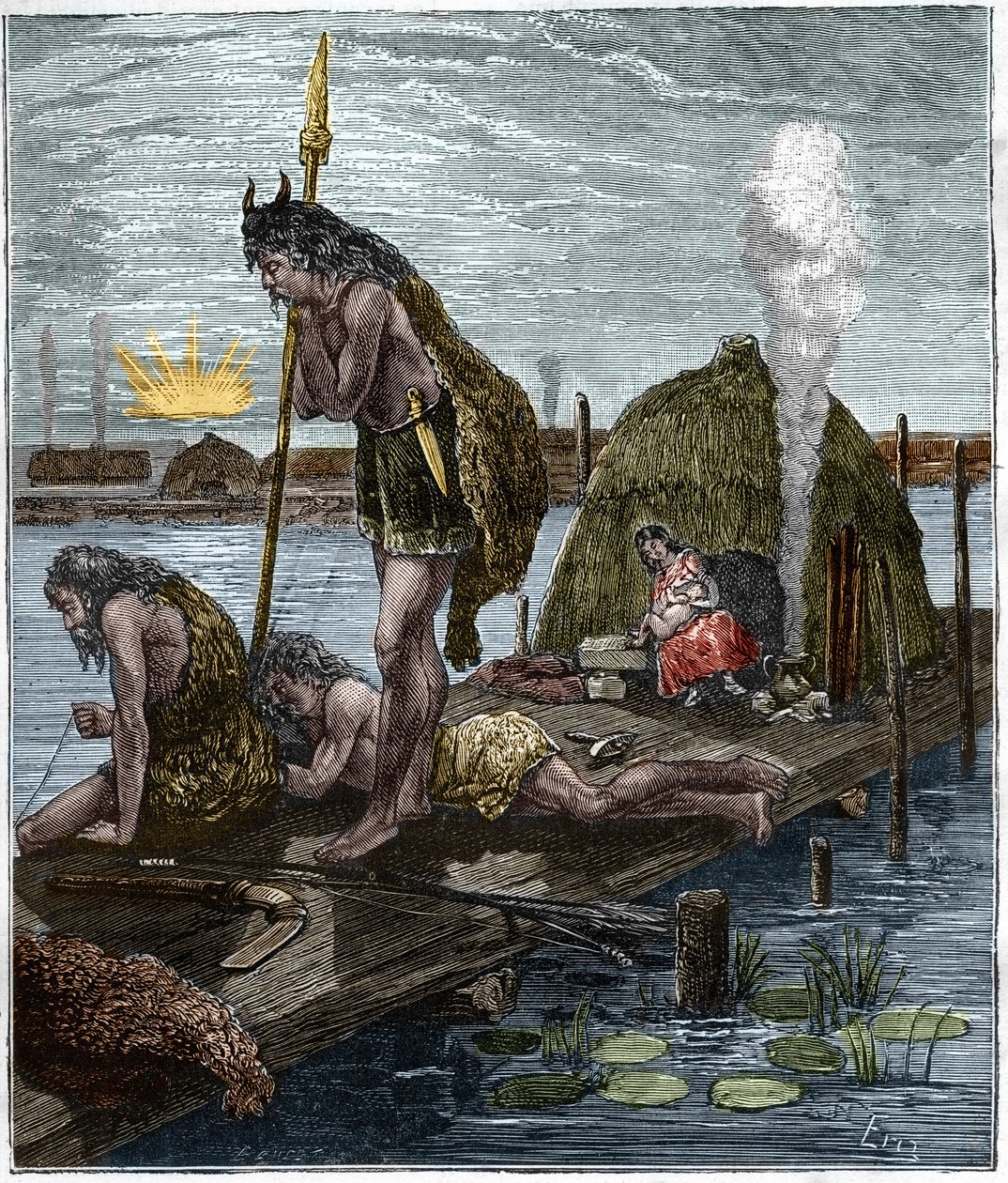 Pierwsi paryżanie, czyli mieszkańcy Lutece (Paryż) (chata na palach) Rycina przedstawiająca „Paryż przez wiek” autorstwa H. Gourdona de Genouillac (1874). autorstwa French School