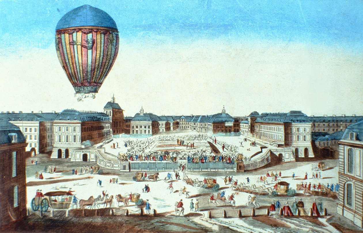 Pierwszy lot balonu na ogrzane powietrze Pilatre du Roziers, nazwany na cześć jego sponsora, M. Montgolfiera, w Wersalu 23 czerwca 1784 r. autorstwa French School