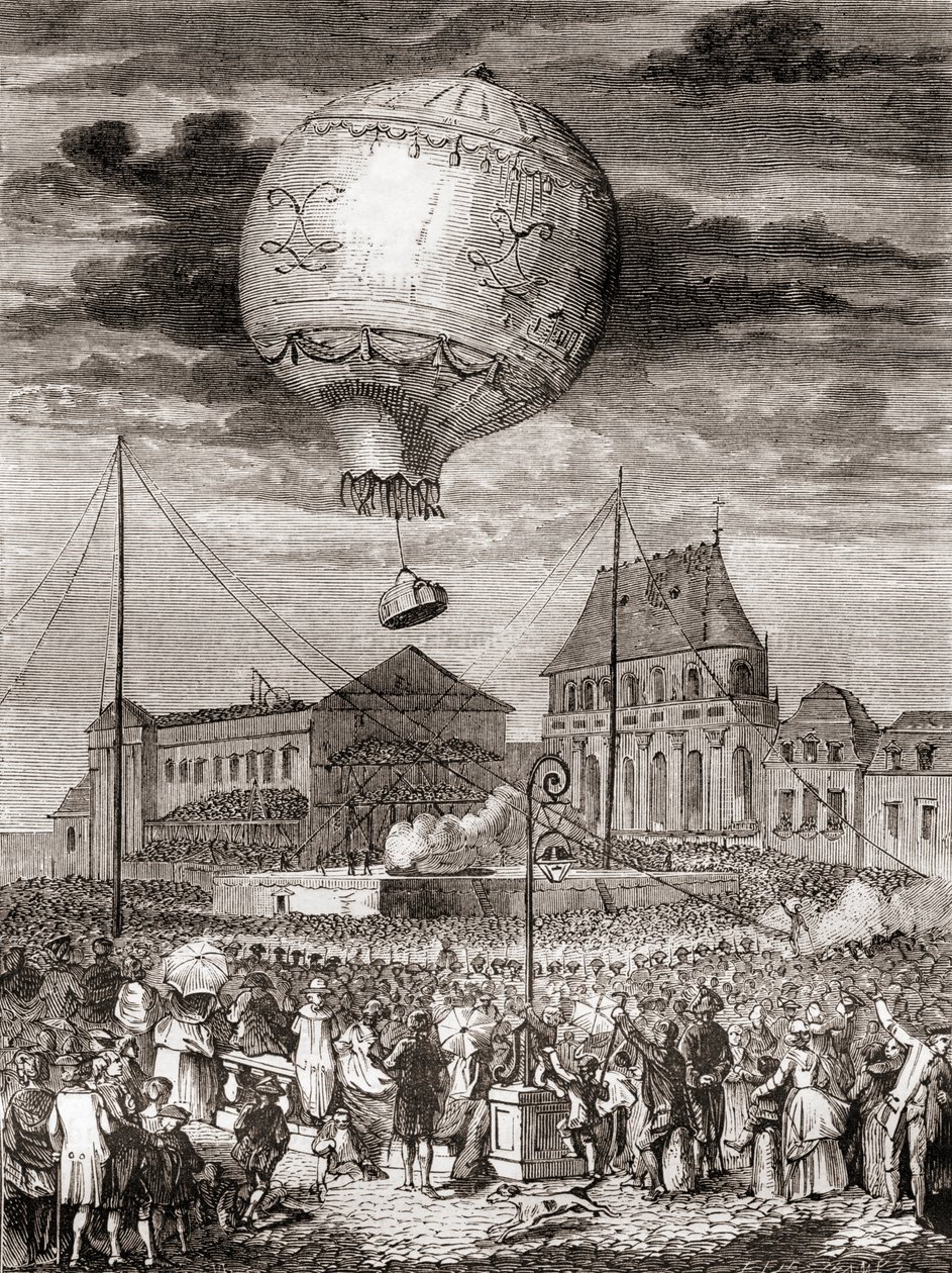 Lot Aérostat Réveillon 19 września 1783 przez braci Montgolfier w Wersalu we Francji, przed królem Francji Ludwikiem XVI i królową Marią Antoniną, z Les Merveilles de la Science, opublikowany ok. 1870 (rycina) autorstwa French School