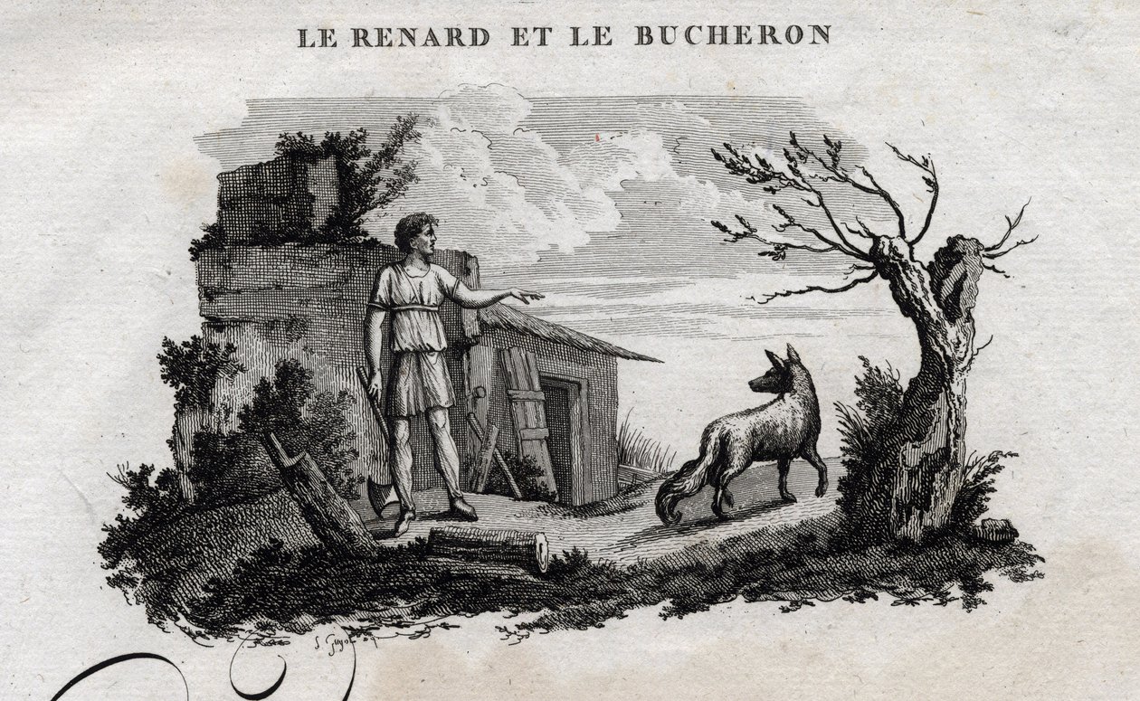 Lis i drwal. Bajka o Esope. (Grecki pisarz Esopo lub Ecopus, VI wiek pne) Napisane przez Guillaume Montfort i Gravees przez Beauble w 1801 roku. autorstwa French School