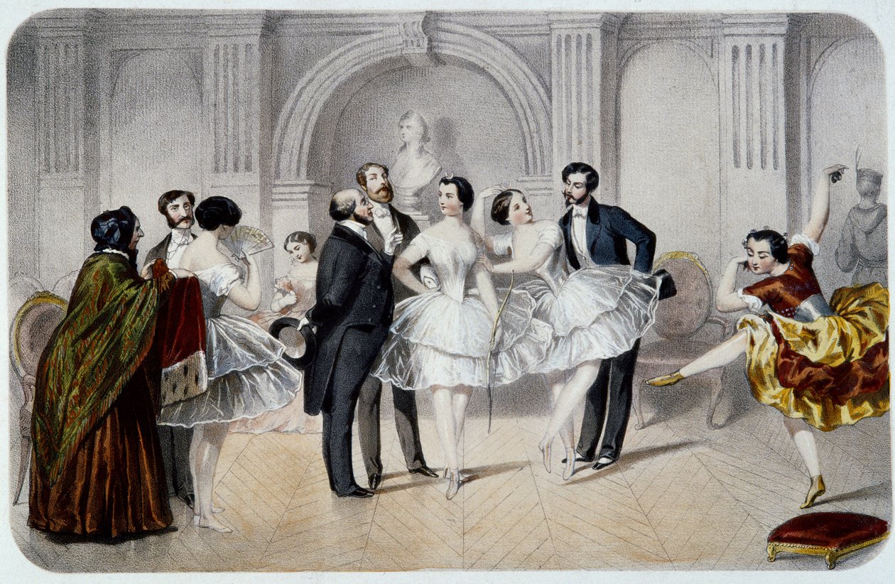 Foyer Opery (Opera Garnier w Paryżu). Tancerka tutu rozmawiająca z panami, którzy przyszli ich powitać lub robiąca kilka kroków do tańca. Rytownictwo autorstwa French School
