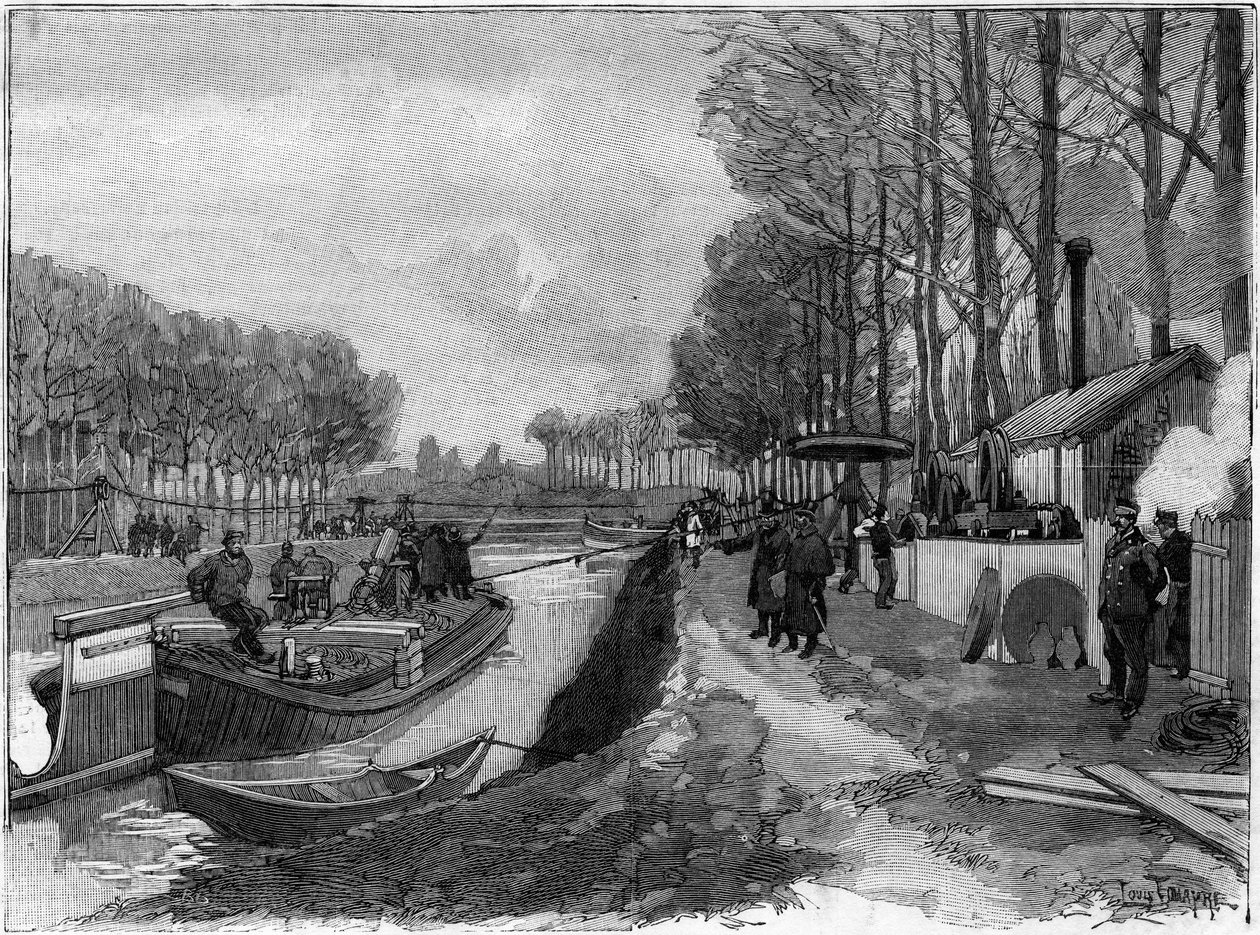 Kolejka linowa ciągnąca łodzie po kanałach w Joinville le Pont, zgodnie z systemem Maurice Levy. autorstwa French School