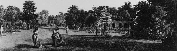 Ogrody Carlton House, Pall Mall, z „Jardins Anglo-Chinois: Details des Nouveaux Jardins a la Mode”, George Louis le Rouge, opublikowany ok. 1770-87 (rycina) (zdjęcie czarno-białe) autorstwa French School