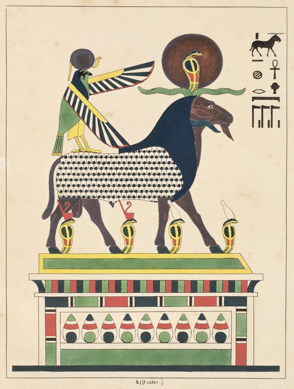 Bóg Amon-Ra, ilustracja z egipskiego Panteonu: zbiór mitologicznych postaci ze starożytnego Egiptu autorstwa Jean-Francois Champollion, wydany ok. 1986 r. autorstwa French School