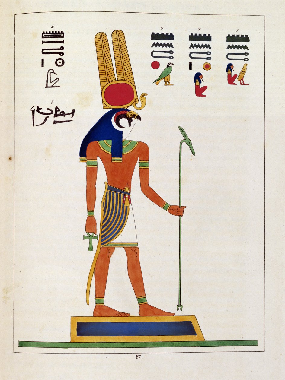 Bóg Mandou, ilustracja z Panteonu w Egipcie: zbiór mitologicznych postaci ze starożytnego Egiptu autorstwa Jean-Francois Champollion, wydany ok. 1986 r. autorstwa French School
