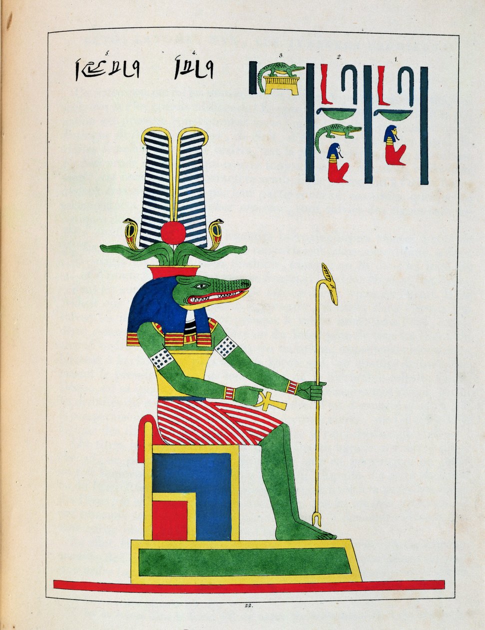 Bóg Sowk, ilustracja z egipskiego Panteonu: zbiór mitologicznych postaci ze starożytnego Egiptu autorstwa Jean-Francois Champollion, wydany ok. 1986 r. autorstwa French School