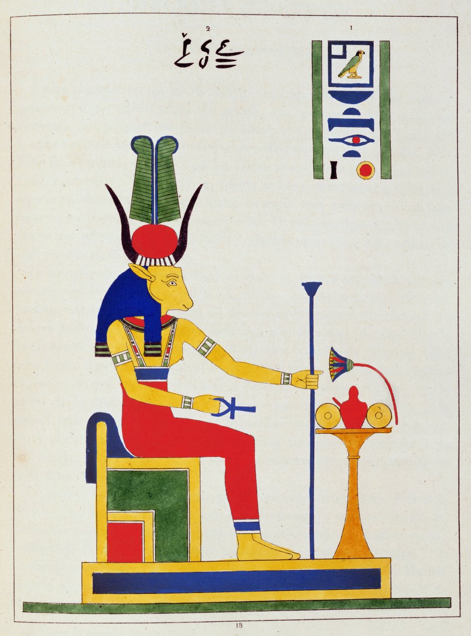 Bogini Hathor, ilustracja z Panteonu w Egipcie: zbiór postaci mitologicznych ze starożytnego Egiptu, autorstwa Jean-Francois Champollion, opublikowany ok. 1986 r. autorstwa French School