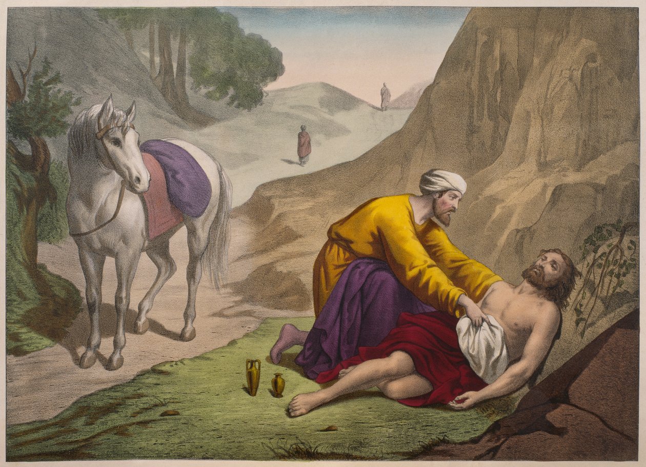 Dobry Samarytanin, ilustracja z katechizmu LHistoire Sainte, wyd. Charles Delagrave, Paryż, koniec XIX wieku autorstwa French School