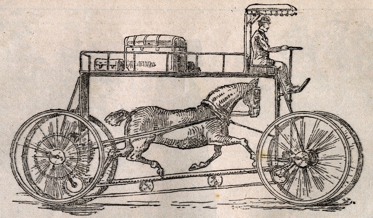 Hipocykl: wynalazek „ochrony koni” jako środek transportu po przybyciu samochodów i rowerów. Grawerowanie w „Le Pelerin” z 9 sierpnia autorstwa French School