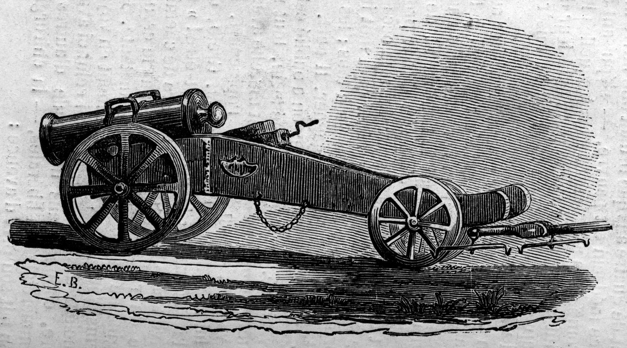 Haubica armii austriackiej używana podczas bitwy na moście Buffalora (Włochy) podczas Risorgimento w 1859 r. Grawer „” Le Monde Illustré” nr 114 z 18 czerwca 1859 r. autorstwa French School
