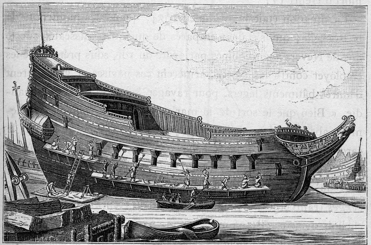 Kadłub dużego statku w XVII wieku. Grawerowanie w „La Marine et les colonies: commerce” autorstwa French School