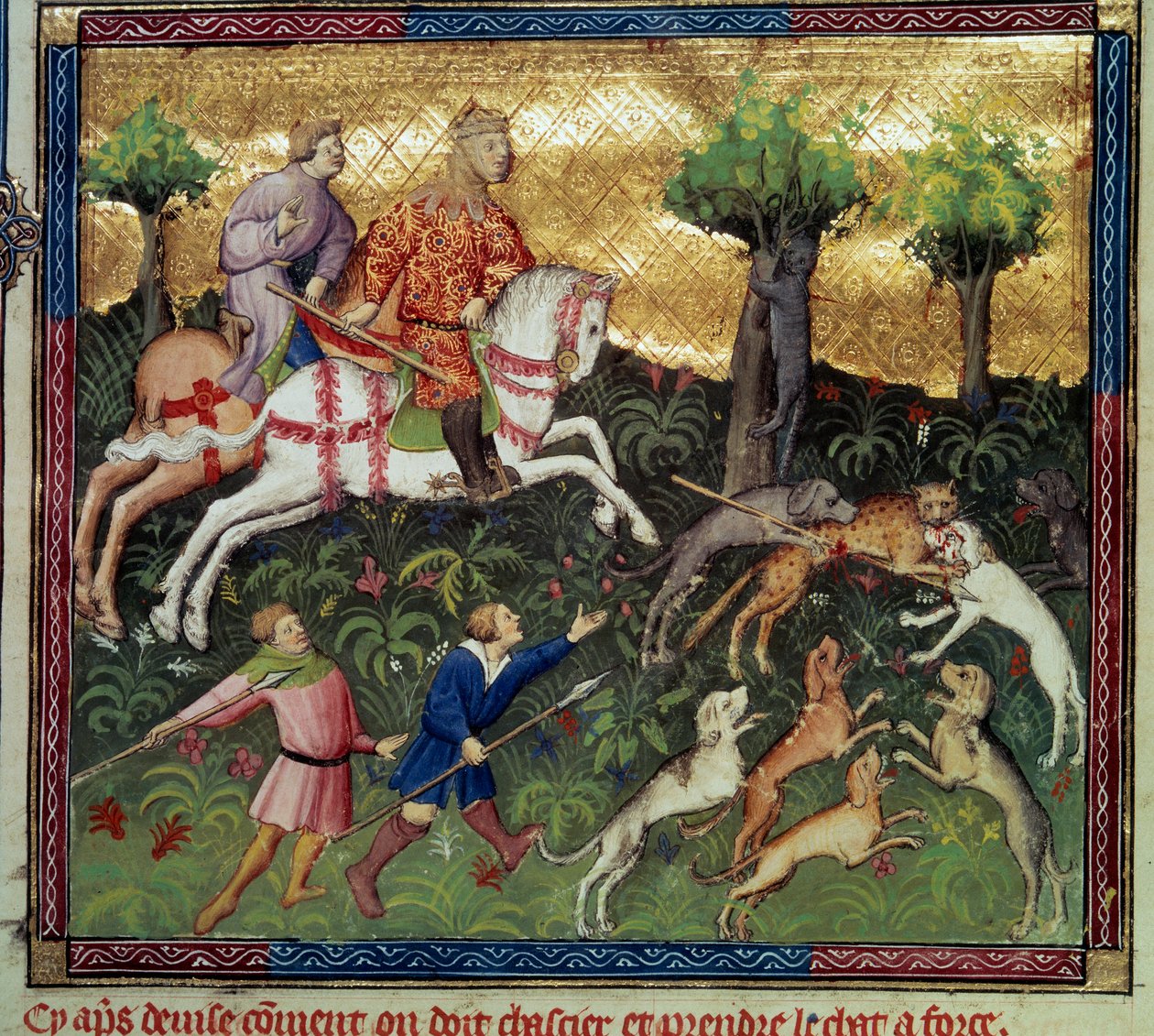 Polowanie na dzikiego kota Miniatura zaczerpnięta z „Księgi łowów” Gastona III Phoebusa, hrabiego Foix, lorda Bearn (1331-1391) autorstwa French School