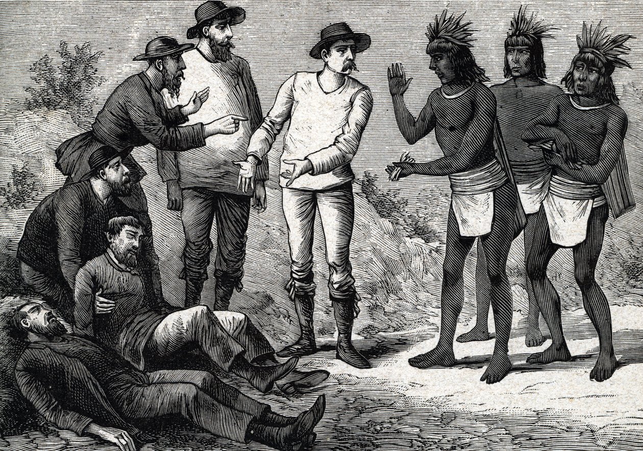Mieszkańcy Peru pomagają kolonialnym Europejczykom cierpiącym na malarię z Cinchona (rycina) 1888 autorstwa French School