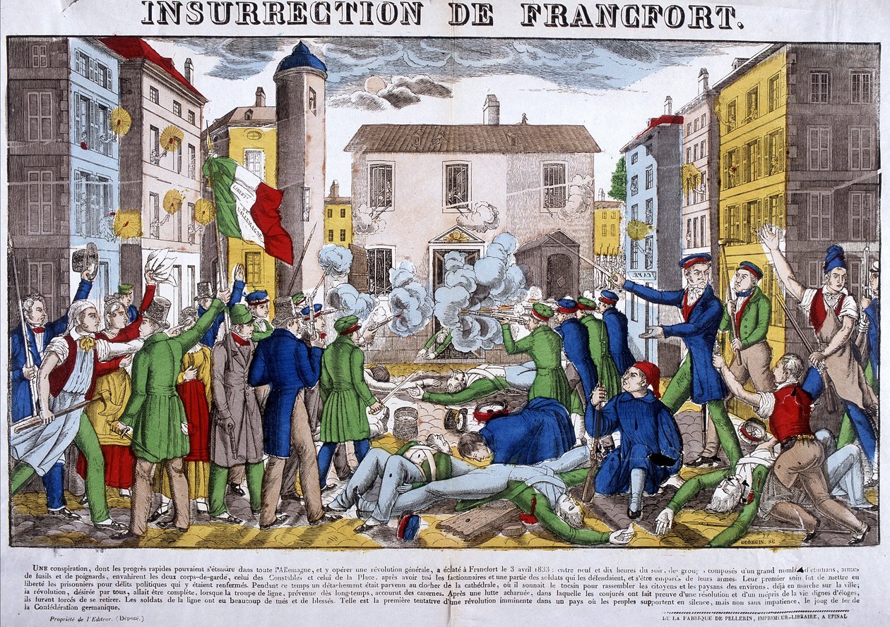 Powstanie Frankfurtu 3 kwietnia 1833 r., stolicy Związku Niemieckiego. Obraz Epinal autorstwa French School