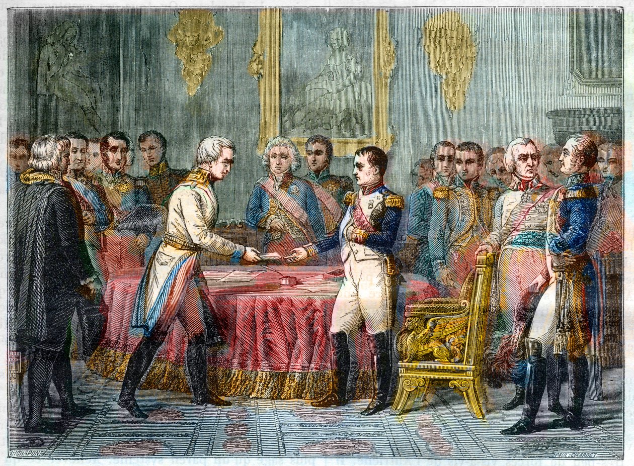 Rozmowa w Erfurcie, 27 września - 14 października 1808 r. - przyjęcie Napoleona I barona Wincentego, austriackiego dyplomatę i wysłannika cesarza Austrii na prawo Aleksandra I Ruskiego (1777-1825) - Zgromadzenie książąt w Erfurcie 27 września 1808 r. ( Nap autorstwa French School