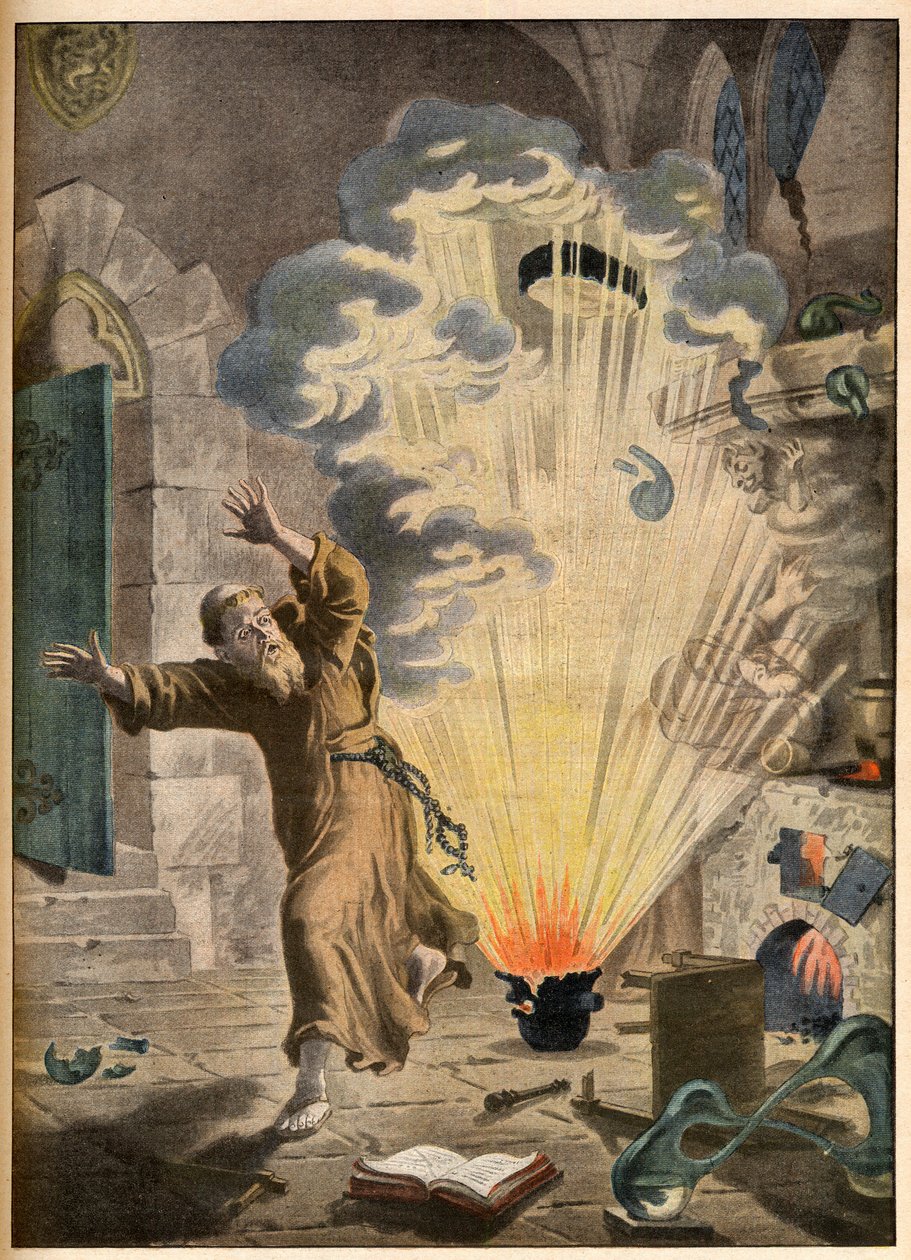 Wynalezienie prochu przez niemieckiego mnicha i alchemika Bertholda Schwartza (ok. 1318-1384) - Znamienite wynalazki. Proszek. Ilustracja do Le petit Journal, 27 stycznia 1901. autorstwa French School