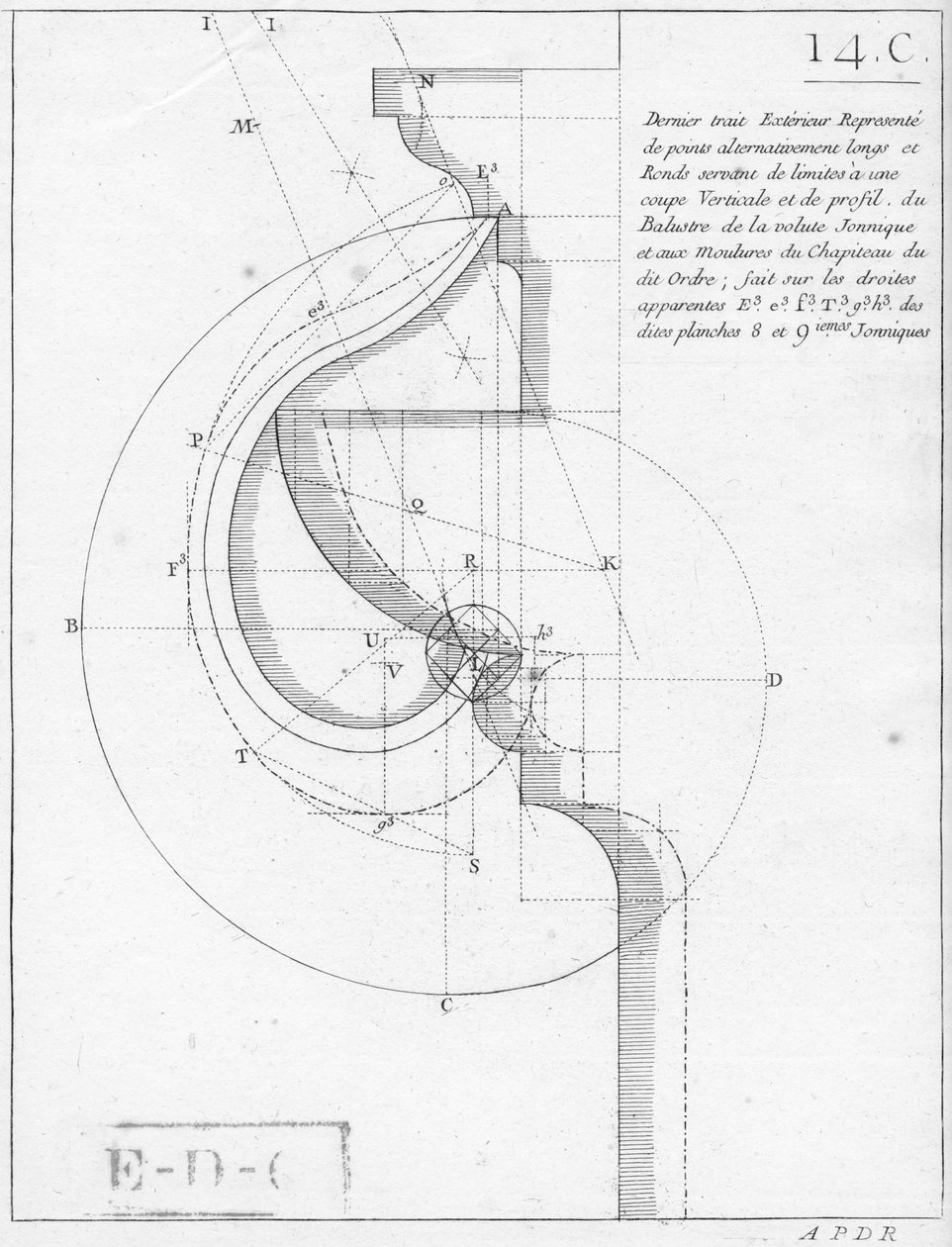 Kapitał jonowy, ilustracja z książki o geometrii, opublikowanej With Privilege du Roy i E.. du Gouvernement autorstwa French School