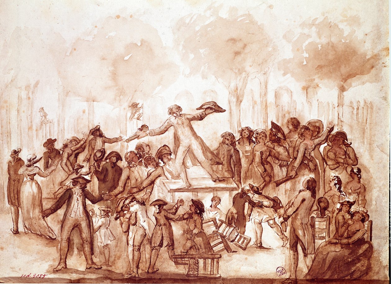 Dziennikarz Camille Desmoulins (1760-1794) nękał patriotów w ogrodach Pałacu Królewskiego”” Pierwsza scena rewolucji francuskiej w Paryżu, 12 lipca autorstwa French School