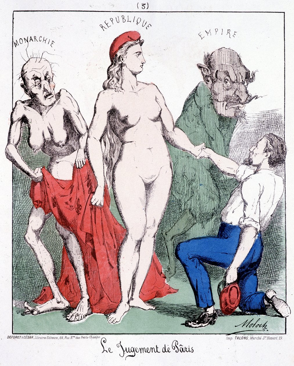 Wyrok Paryża: Monarchia - Republika - Imperium (komunard wybiera Republikę). Karykatura o Gminie. autorstwa French School