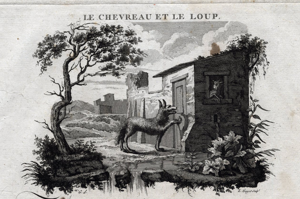 Dzieciak i wilk. Bajka o Esope. (Grecki pisarz Esopo lub Ecopus, VI wpne) Napisane przez Guillaume Montfort i Gravees przez Beauble w 1801 roku. autorstwa French School