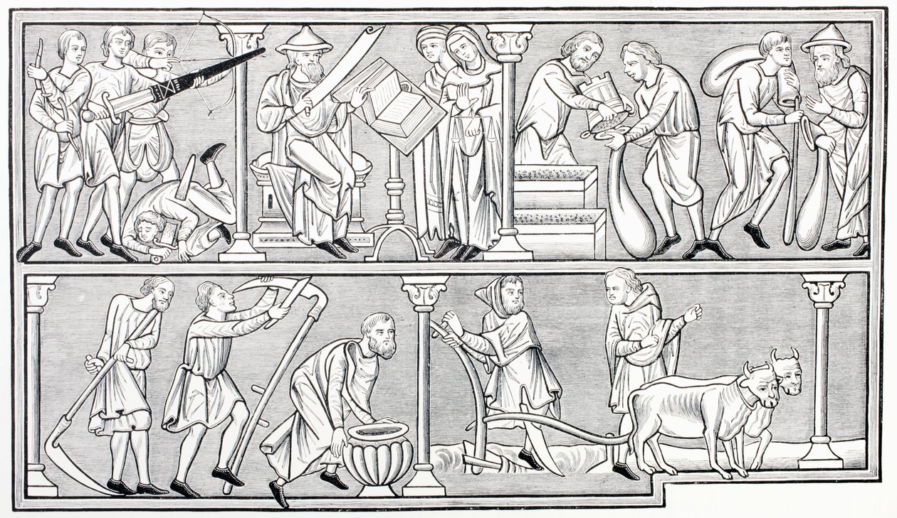 Prace wojenne, nauka, handel i rolnictwo, według miniatury w XIII-wiecznym psałterzu, z Les Arts au Moyen Age, opublikowanej w 1873 r. autorstwa French School