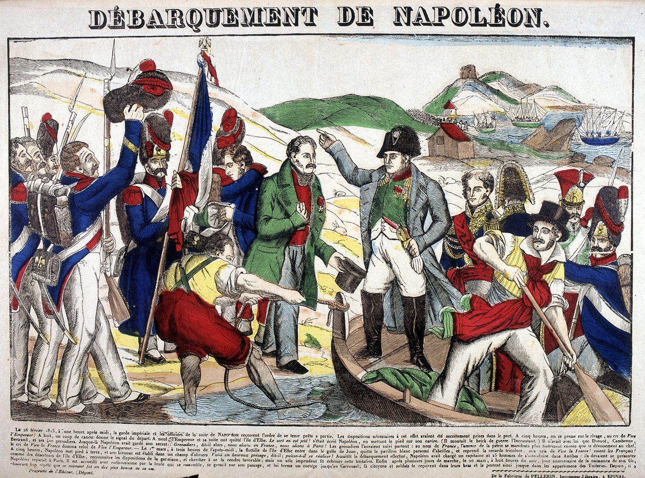 Lądowanie w Zatoce Juan: Napoleon I powrócił do Francji 1 marca 1815 roku po okresie wygnania na Elbie. Obraz Epinal autorstwa French School