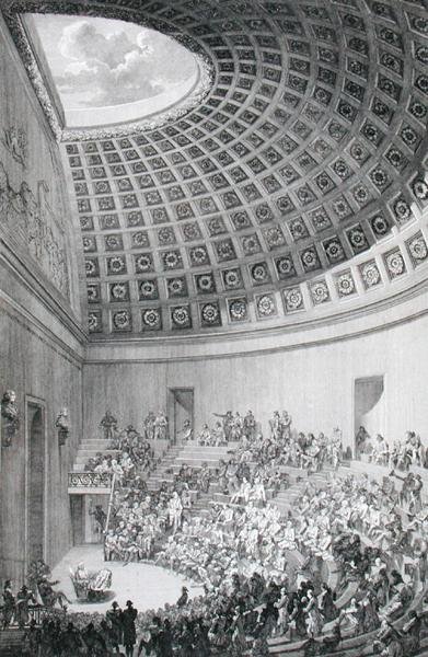 Sala wykładowa wzorowana na Panteonie w Rzymie z „Opisu Szkoły Chirurgii w Paryżu”, wydanej w 1780 r. (rycina) autorstwa French School