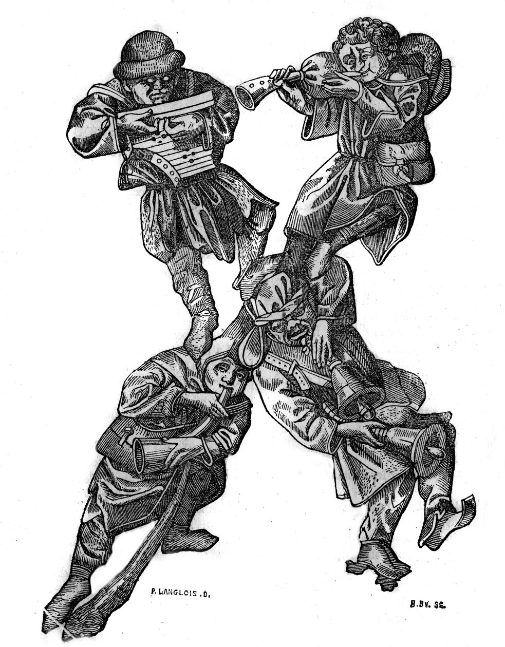 Litera X alfabetu groteskowego złożonego z czterech znaków muzycznych, wykonana w 1466 r. W „Sklepie malowniczym” 1836 autorstwa French School