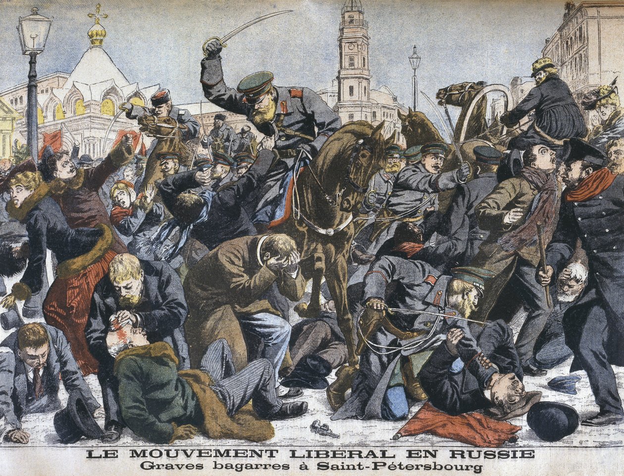 Ruch liberalny w Rosji, gwałtowne starcia w Petersburgu, ilustracja z Le Petit Journal: Supplement illustre, 25 grudnia 1904 autorstwa French School