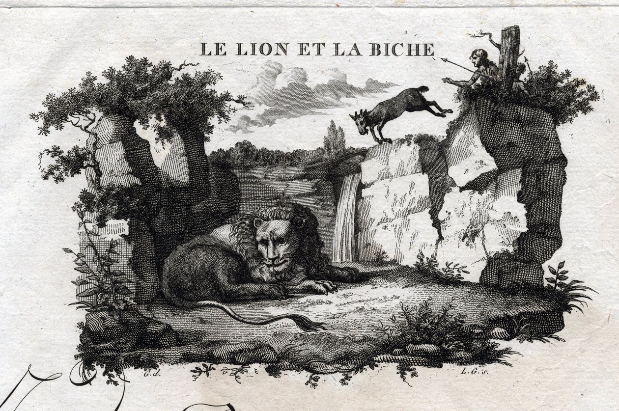 Lew i jeleń. Bajka o Esope. (Grecki pisarz Esopo lub Ecopus, VI wpne) Napisane przez Guillaume Montfort i Gravees przez Beauble w 1801 roku. autorstwa French School