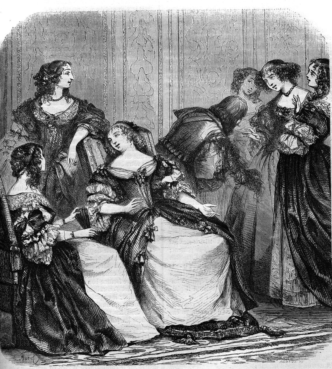 Salon literacki markizy de Rambouillet zainspirował Moliera do napisania „Les precieux ridiculous”. Wokół markizy (z domu Katarzyna de Vivonne autorstwa French School