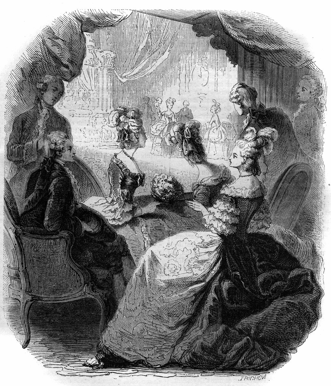 Loża Dauphine Marie Antoinette (1755-1793) podczas wykonywania opery Christopha Willibalda Glucka „Ifigenie en Aulide” (1714-1787) w 1774 roku. Rycina z 1856 roku. autorstwa French School