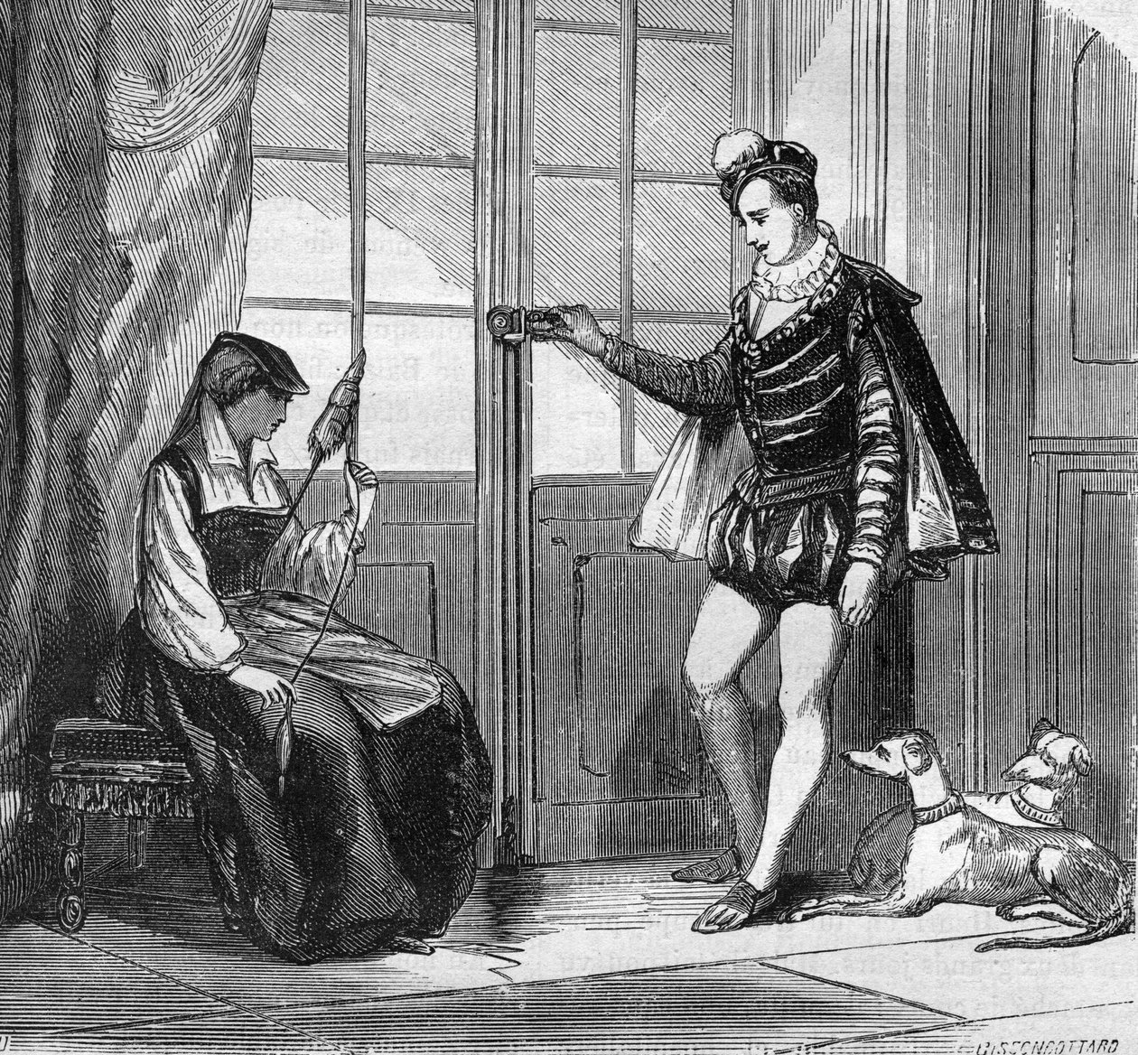 Miłość króla Henryka II (1519-1559) i młodej Włoszki Filippy Duco. Grawer w „Historii prostytucji i rozpusty wśród wszystkich narodów świata od starożytności do dnia dzisiejszego” autorstwa dr Th. -F. Debray. 1879. autorstwa French School