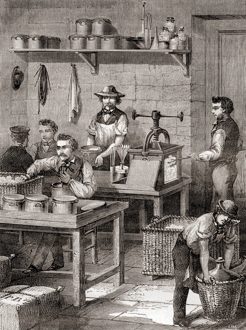 Produkcja bawełny strzelniczej w XIX wieku z Les Merveilles de la Science, opublikowana ok. 1870 r. (rycina) autorstwa French School